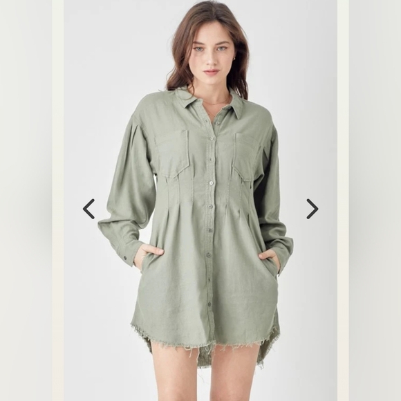 Risen Shirring Long Sleeve Raw Hem Dress With Tapered Waist And Pockets Size S. - Picture 2 of 12